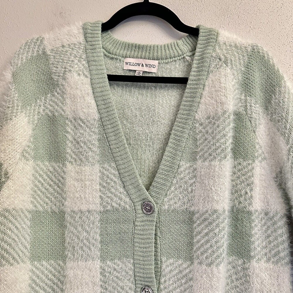 Willow and Wind Pale Green Plaid Cropped Eyelash Cardigan Sweater Sz M 90s - Picture 3 of 11